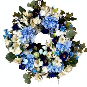 Blue Hydrangea Spring Wreath Bird Nest Robin Eggs Cottage Garden Front Door